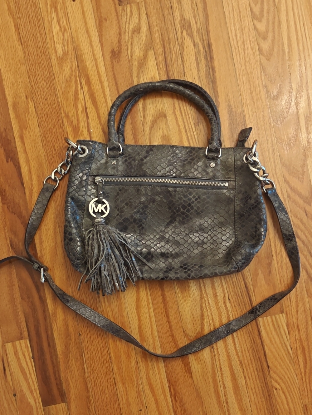 Michael Kors Snake-Embossed Black Leather Satchel with Tassel